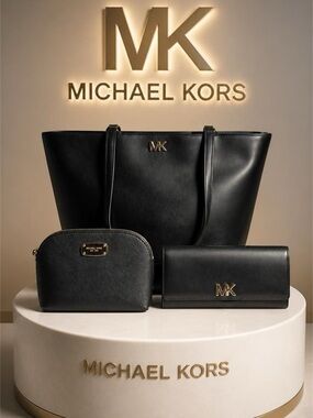Michael Kors Black Leather 3-PC Matching Jet Set Travel Tote with Gold MK Accent